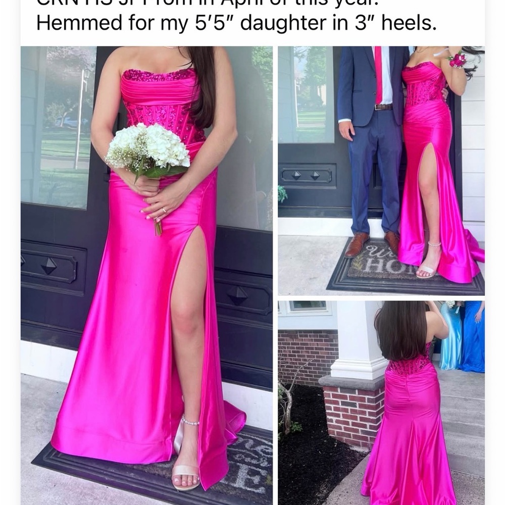 Girls Strapless Hot Pink Satin Prom Dress with Side Slit